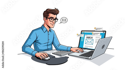 Man working on laptop with multiple screens and email.