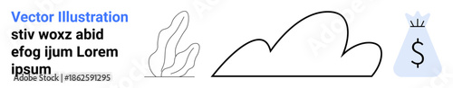 Business strategy, fintech, eco-consciousness, decor, economy, financial planning. Line drawing of a cloud, plant and money bag. Business strategy and fintech concept
