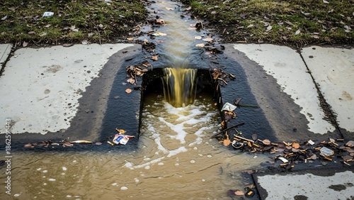 Polluted Water Flowing from a Drain into a Concrete Channel.