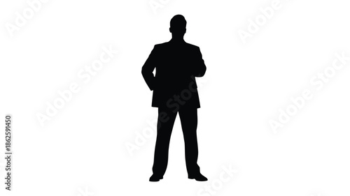 A standing man in a suit with arms crossed a dark silhouette