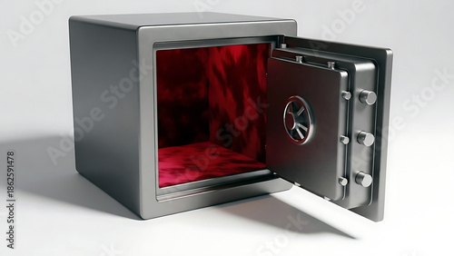 A silver safe with its door open revealing a red interior and a combination lock on the inside of the door