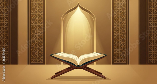 Open Holy Quran Vector Illustration with Elegant Golden Background