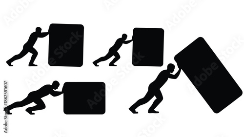 People pushing and pulling geometric shapes a striking black and white silhouette