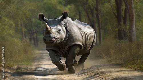 A powerful rhinoceros charges toward the camera across a dusty woodland road