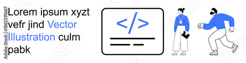 Software development, web programming, team collaboration, coding concepts, modern IT, tech solutions. Two people interacting near a coding symbol in minimalist style. Software development and web