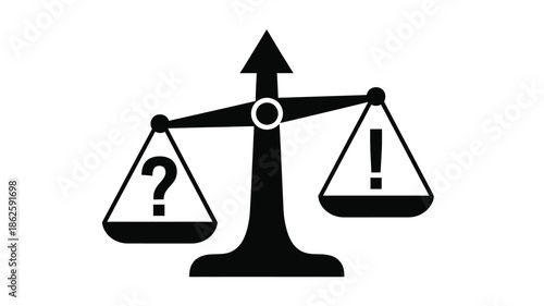 A balance scale with a question mark and exclamation point silhouette