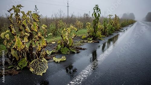 Roadside Vegetation and Wet Pavement Under Overcast Sky in Rural Area.