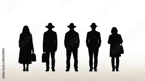 Five figures standing in a row a striking dark silhouette