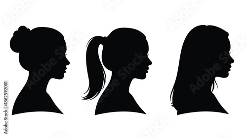 Three female profile silhouettes displaying varied hairstyles a striking visual silhouette
