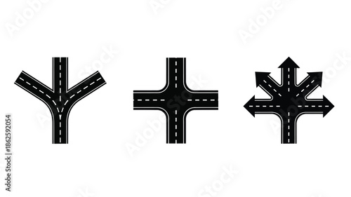 Road junction illustrations showing diverging pathways a crossroads and a complex intersection silhouette