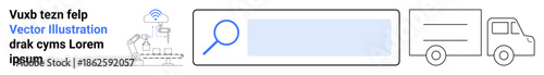 Logistics, delivery, technology, search optimization, data analysis, supply chain. Search icon, truck and connected elements. Logistics and delivery with search optimization