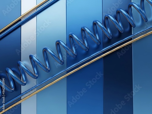 Close up of a blue metal coil spring on a metallic surface