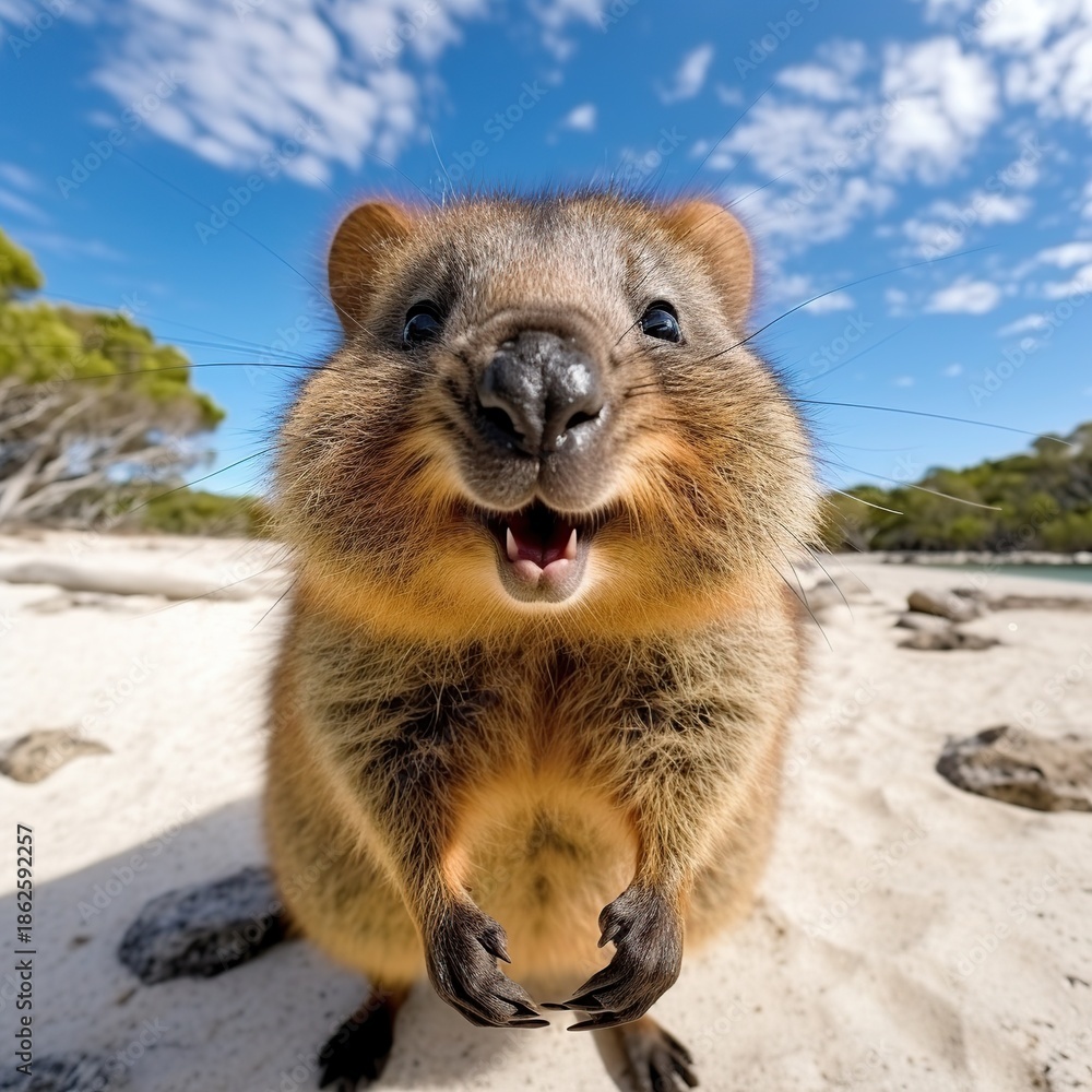 Obraz premium Adorably Close-Up Quokka Grinning at the Camera on a Bright Beach Landscape