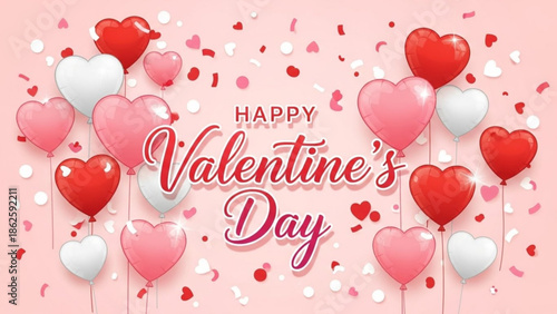 Valentines Day Greeting with Red and Pink Hearts on Pink Background