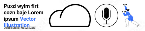 Cloud storage, voice recognition, future communication, exploration, digital services, minimalism. A cloud symbol, microphone icon and a figure with binoculars. Cloud storage and voice recognition