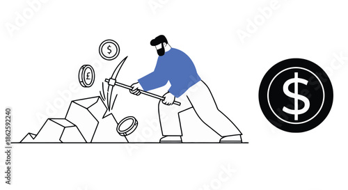 A man mining for coins with a pickaxe a striking silhouette