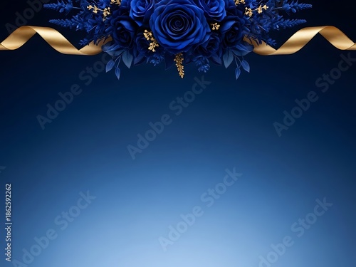 Blue floral background with golden ribbon accent