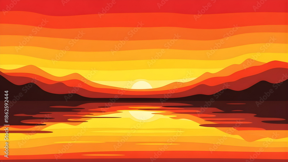 Fototapeta premium Abstract Sunset Over Water with Layered Hills sunrise