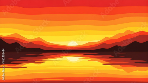 Abstract Sunset Over Water with Layered Hills sunrise