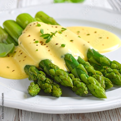Close-up of asparagus spears with creamy, rich, yellow sauce on a white plate