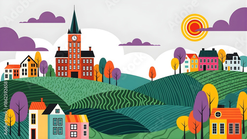 Colorful Stylized Village Landscape with Rolling Hills