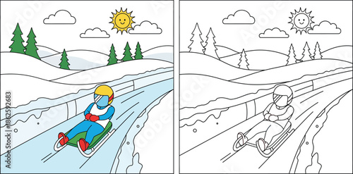 Coloring book page vector illustration of a happy person sledding down a snowy hill in winter, showing both the colored version and the black and white outline for children education.