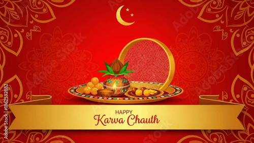 Traditional Indian Karva Chauth festival celebration with decorative plate and offerings on red background