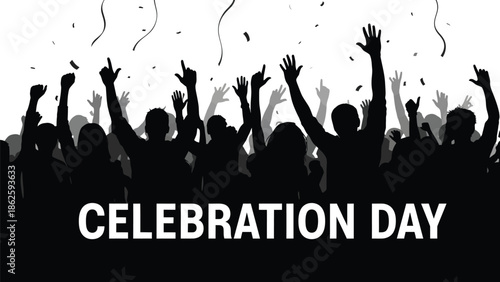 Black and white graphic silhouette of a large cheering crowd with hands raised high beneath falling confetti marking a special celebration day event