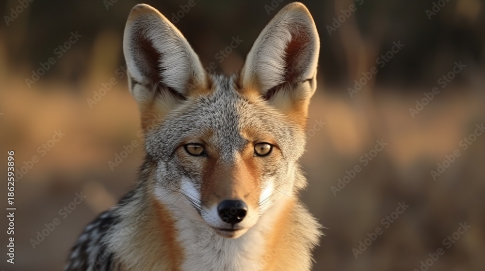 Obraz premium Close-up portrait of a vigilant wild coyote gazing directly at the camera in a sunlit natural habitat