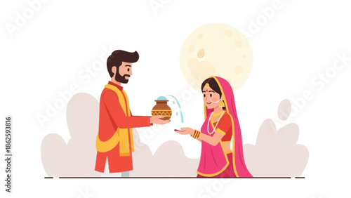 Illustration of a man and woman celebrating Karva Chauth with a moonlit background.