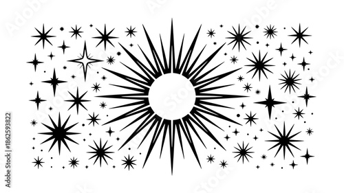 Black star burst graphic in modern minimalist style with sharp lines and white background for digital design