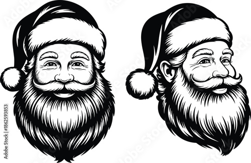 Set of hand drawn black and white Santa Claus vector portraits with festive beard and Christmas hat