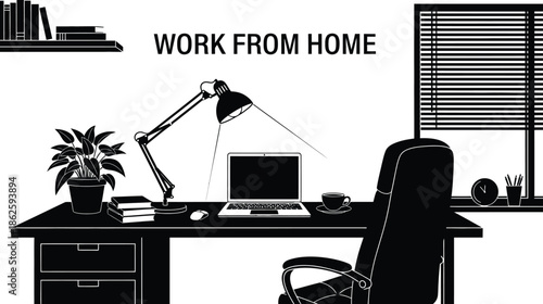 Black and white illustration depicts a focused work from home setup featuring a laptop computer an adjustable desk lamp and an office chair ready for professional remote tasks