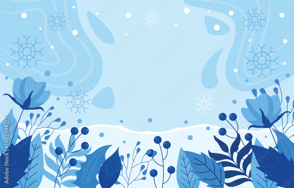 Obraz premium A serene winter background featuring blue floral elements swirling patterns and delicate snowflakes