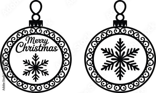 Set of black Christmas bauble vector icons with Merry Christmas text, snowflake design and decorative swirl borders