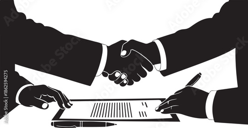 Two businessmen shaking hands over a contract