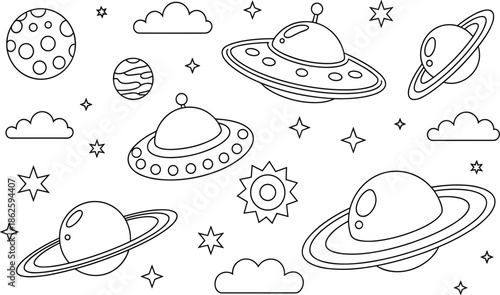 Hand drawn outer space vector set with UFO flying saucers, ringed planets, craters, and stars