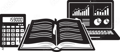 A black and white illustration of business finance tools