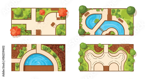 Aerial view of garden landscaping designs with paths water and greenery