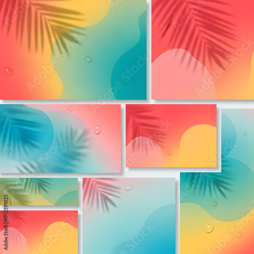 Abstract gradient backgrounds with palm leaf shadows and water droplets, vibrant and fluid design