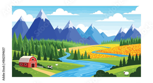 Scenic landscape with mountains a winding river and a rustic farm scene