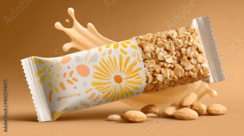 Granola bar with almonds and splash of milk in minimalistic wrapper design, featuring floral patterns on warm brown background