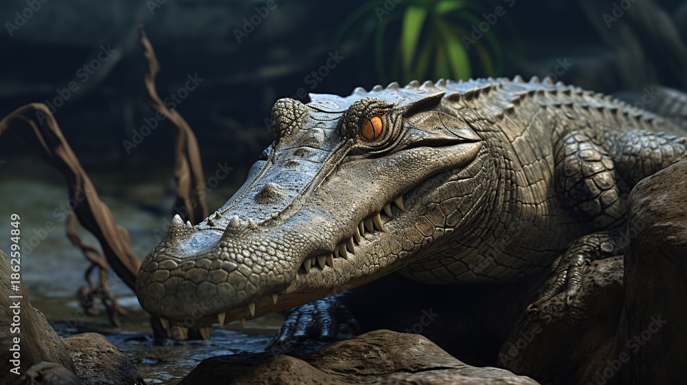 Fototapeta premium Close-up View of a Crocodile?s Rugged Head Emerging from Murky Swamp Water in Low Light