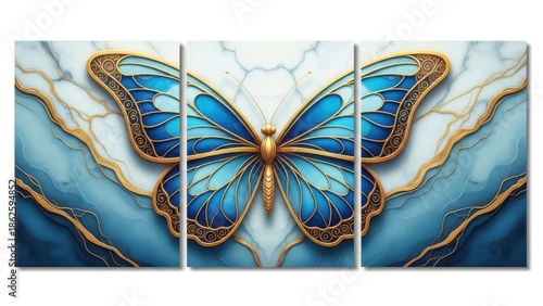 A stunning triptych artwork depicts a vibrant blue butterfly with intricate golden details against a marbled background radiating elegance