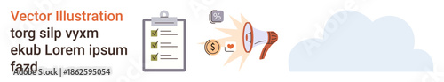 Business organization, productivity, communication tools, digital marketing, task prioritization, cloud storage. A checklist, megaphone and cloud communication and productivity. Business