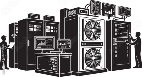 Two technicians working on large computer server equipment in a data center