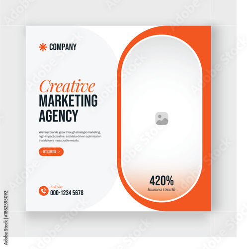 Creative marketing agency social media post template with orange and black design featuring business growth statistics and contact information