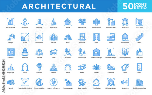 Architectural icons set with architecture, blueprint, building, energy efficiency, solar panels, ventilation, lighting design icon. Simple retro vector 

