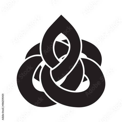 Triple teardrop interwoven knot symbol in black for trefoil geometric ornament and logo design