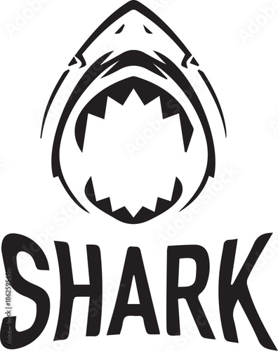 Shark Illustration: Bold illustration of a shark with open mouth and fierce expression, the word SHARK boldly displayed underneath. Perfect for any design needs. 